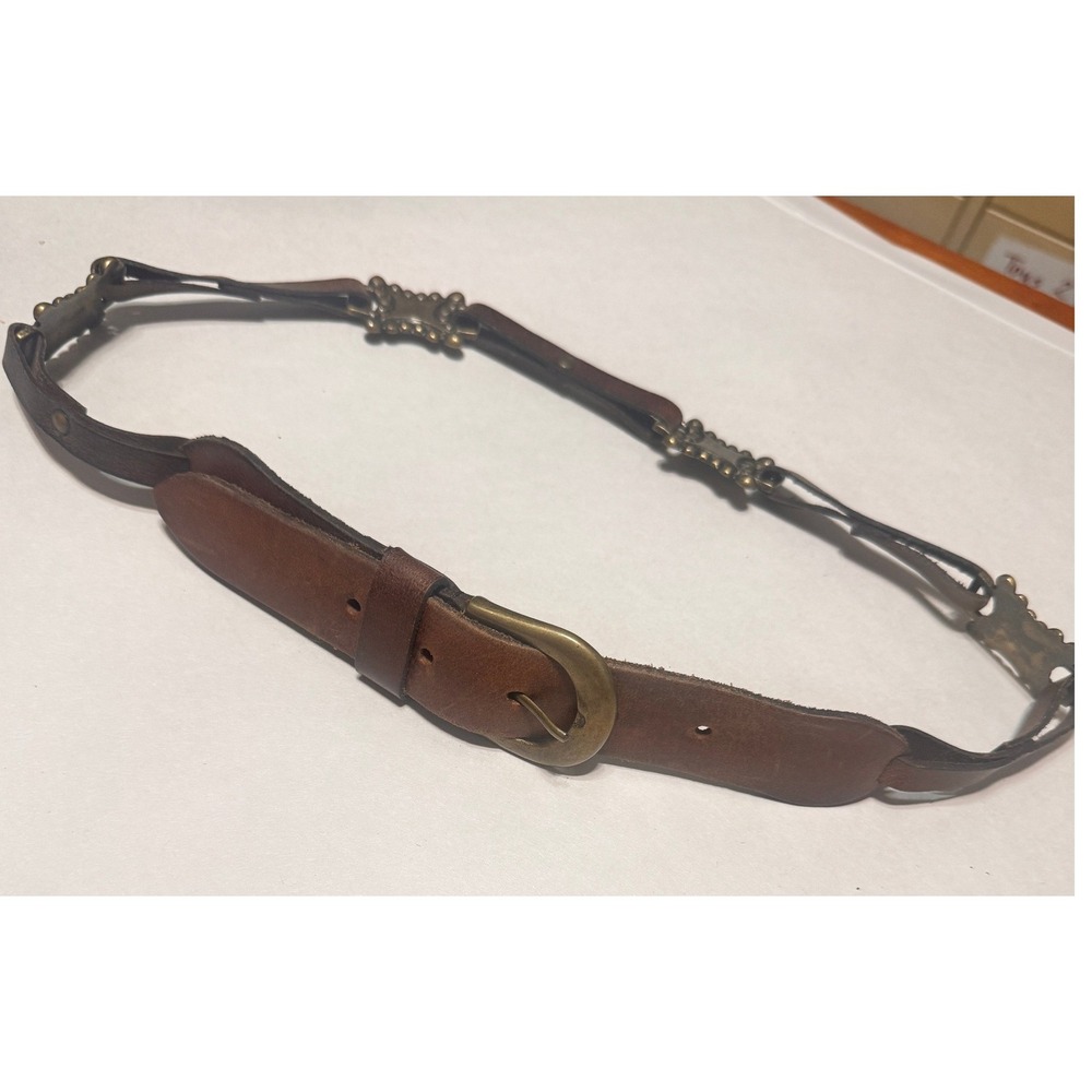 Perry Ellis Vintage Leather Belt Womens S/M Brown Brass Accents Boho Western